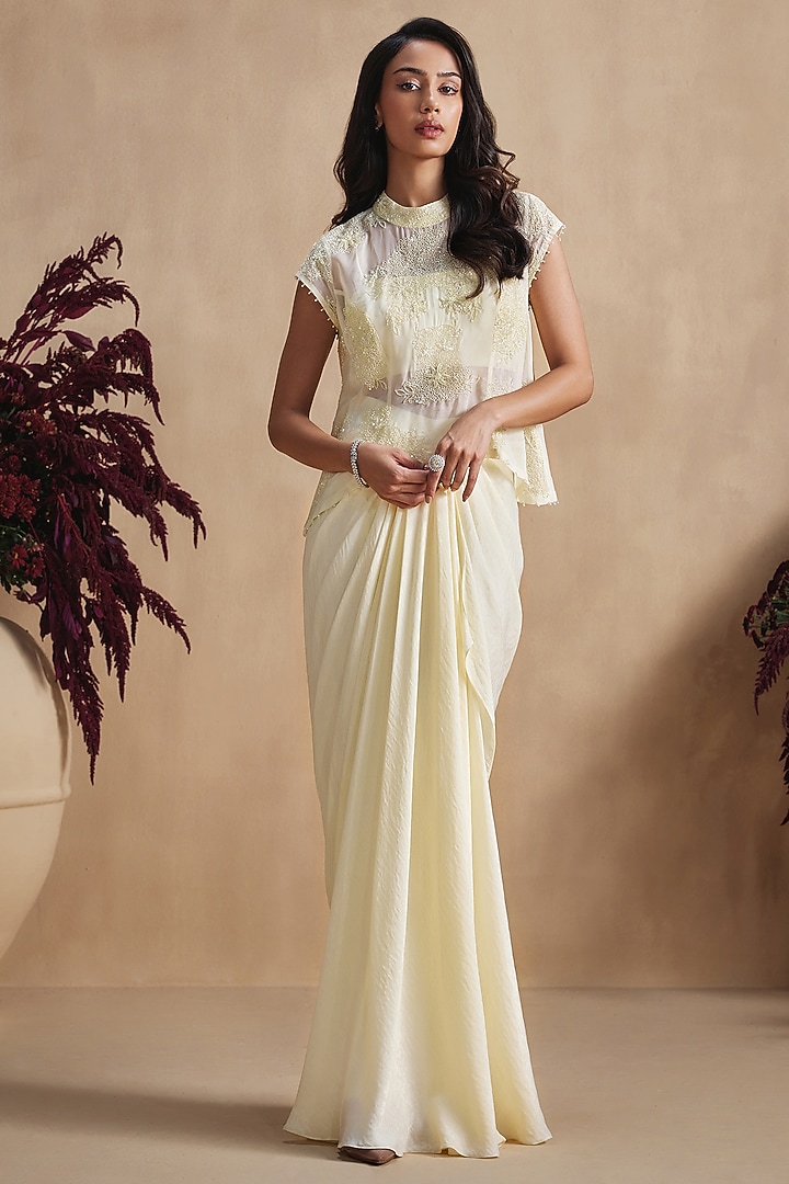 Buttercup Yellow Organza Draped Skirt Set by NIAMH by Kriti at Pernia's Pop Up Shop