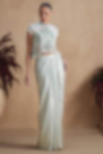 Sage Green Silk Crepe Draped Skirt Set by NIAMH by Kriti at Pernia's Pop Up Shop