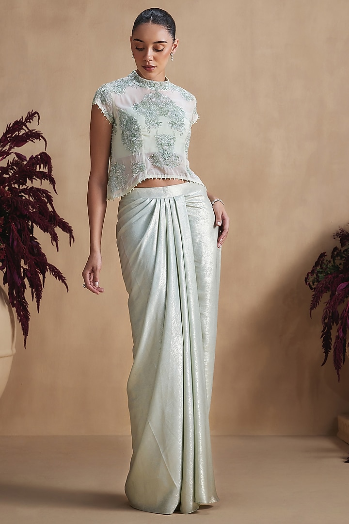 Sage Green Silk Crepe Draped Skirt Set by NIAMH by Kriti at Pernia's Pop Up Shop