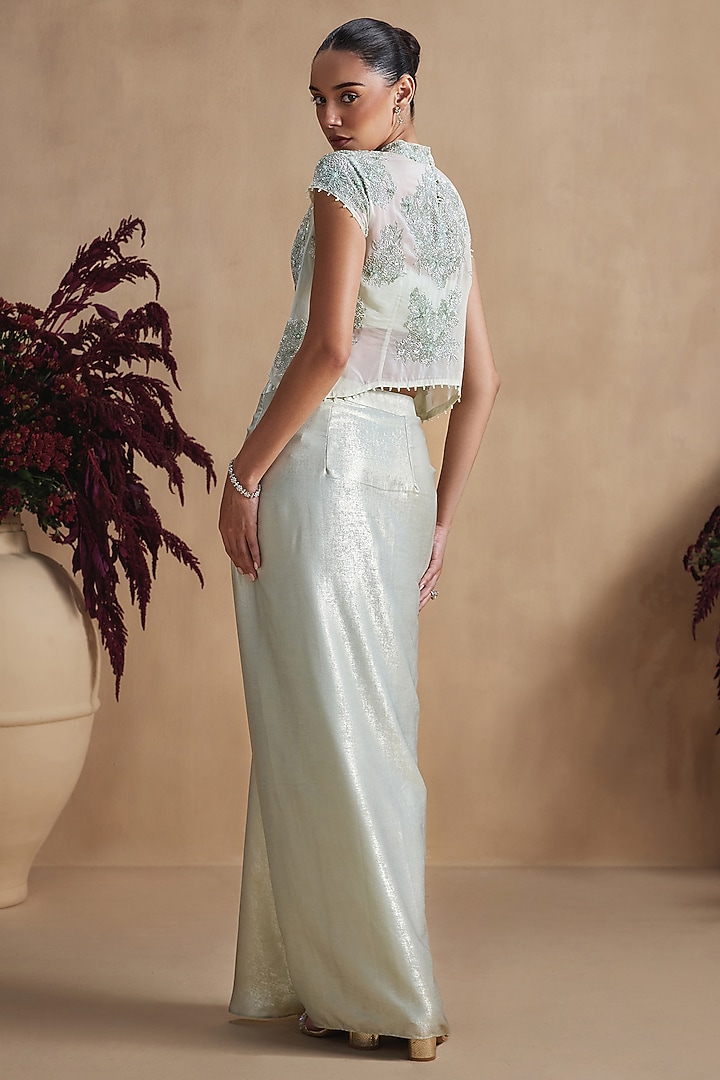 Sage Green Silk Crepe Draped Skirt Set by NIAMH by Kriti at Pernia's Pop Up Shop