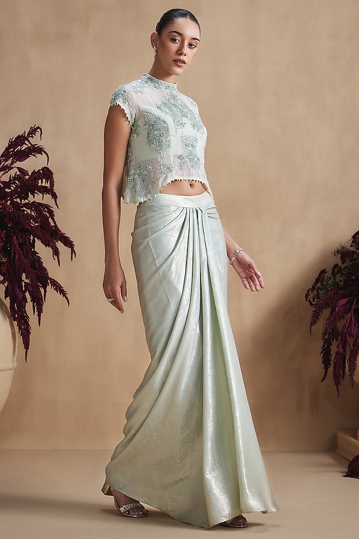 Sage Green Silk Crepe Draped Skirt Set by NIAMH by Kriti at Pernia's Pop Up Shop