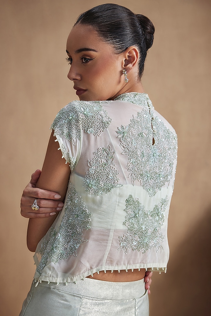 Sage Green Silk Crepe Draped Skirt Set by NIAMH by Kriti at Pernia's Pop Up Shop