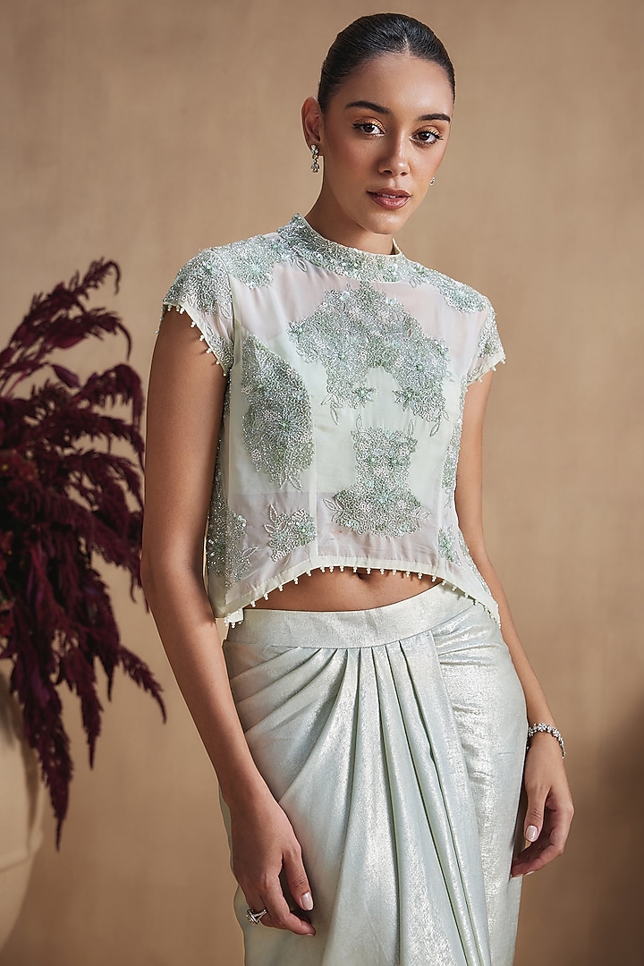 Sage Green Silk Crepe Draped Skirt Set by NIAMH by Kriti at Pernia's Pop Up Shop