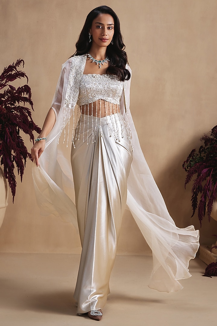 Ivory Satin Silk Draped Skirt Set by NIAMH by Kriti at Pernia's Pop Up Shop