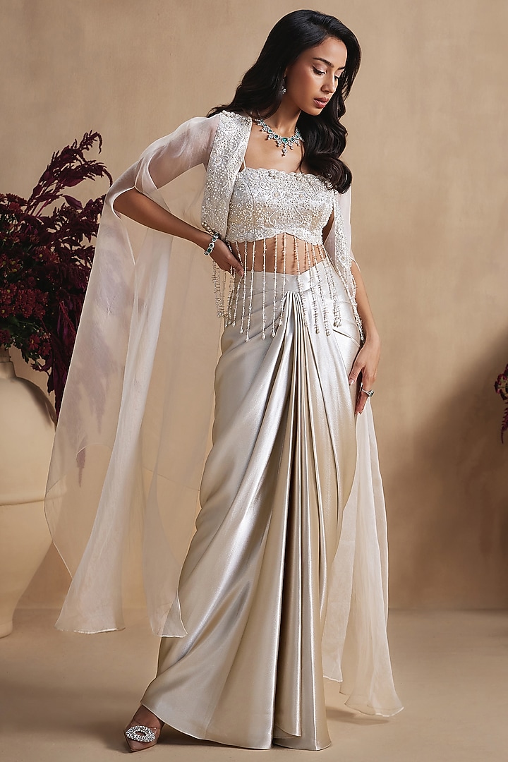 Ivory Satin Silk Draped Skirt Set by NIAMH by Kriti at Pernia's Pop Up Shop