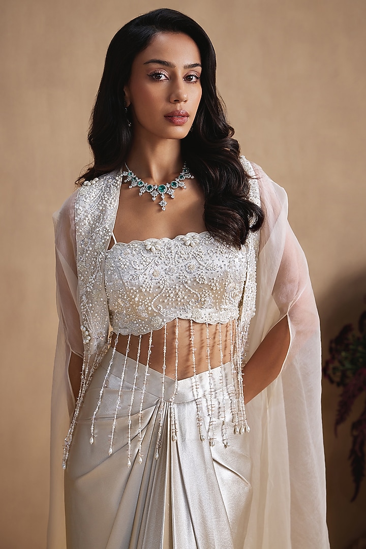 Ivory Satin Silk Draped Skirt Set by NIAMH by Kriti at Pernia's Pop Up Shop