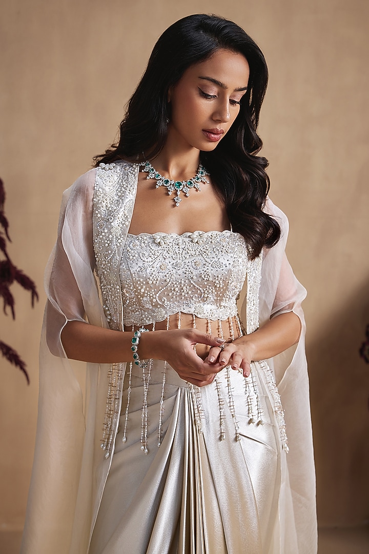Ivory Satin Silk Draped Skirt Set by NIAMH by Kriti at Pernia's Pop Up Shop