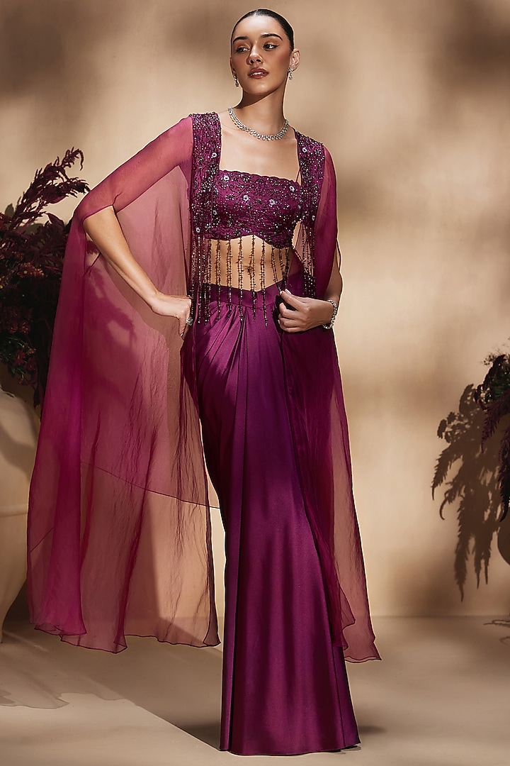 Mulberry Satin Silk Draped Skirt Set by NIAMH by Kriti at Pernia's Pop Up Shop