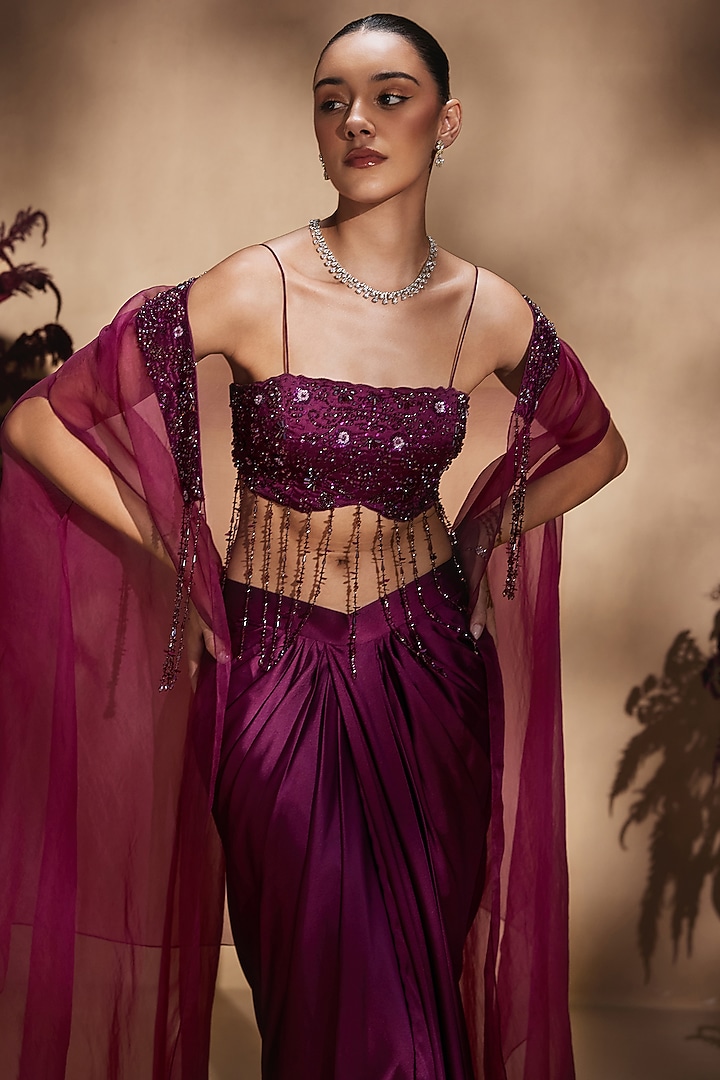 Mulberry Satin Silk Draped Skirt Set by NIAMH by Kriti at Pernia's Pop Up Shop