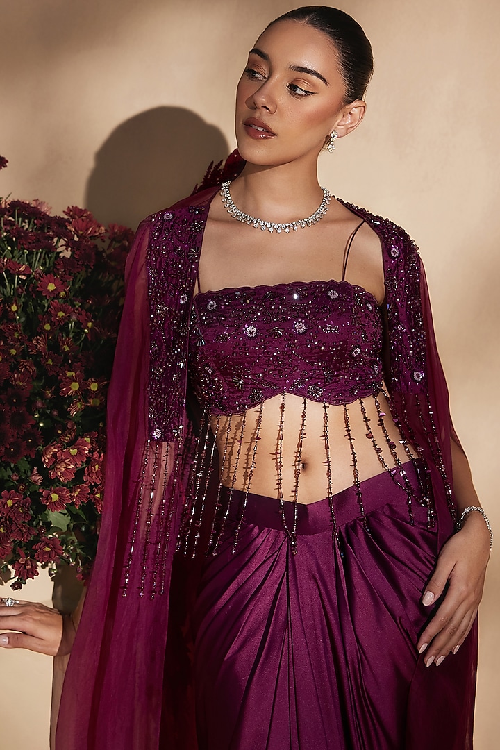 Mulberry Satin Silk Draped Skirt Set by NIAMH by Kriti at Pernia's Pop Up Shop