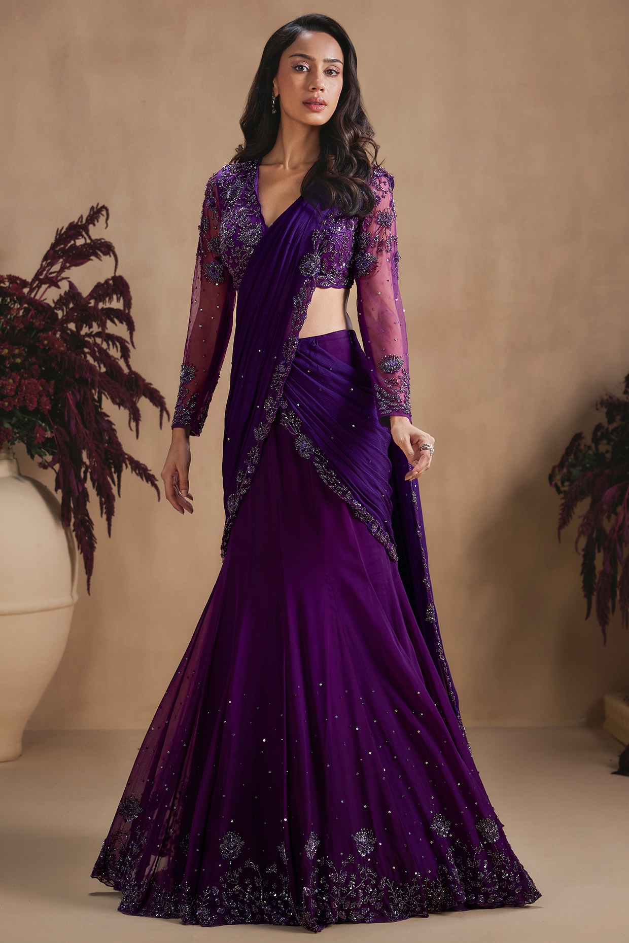 NIAMH by Kriti Midnight Purple Organza Sequin Embellished Lehenga Saree Set