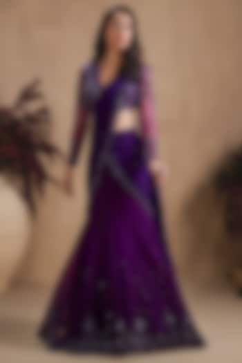Midnight Purple Organza Sequin Embellished Reception Lehenga Saree Set by NIAMH by Kriti at Pernia's Pop Up Shop