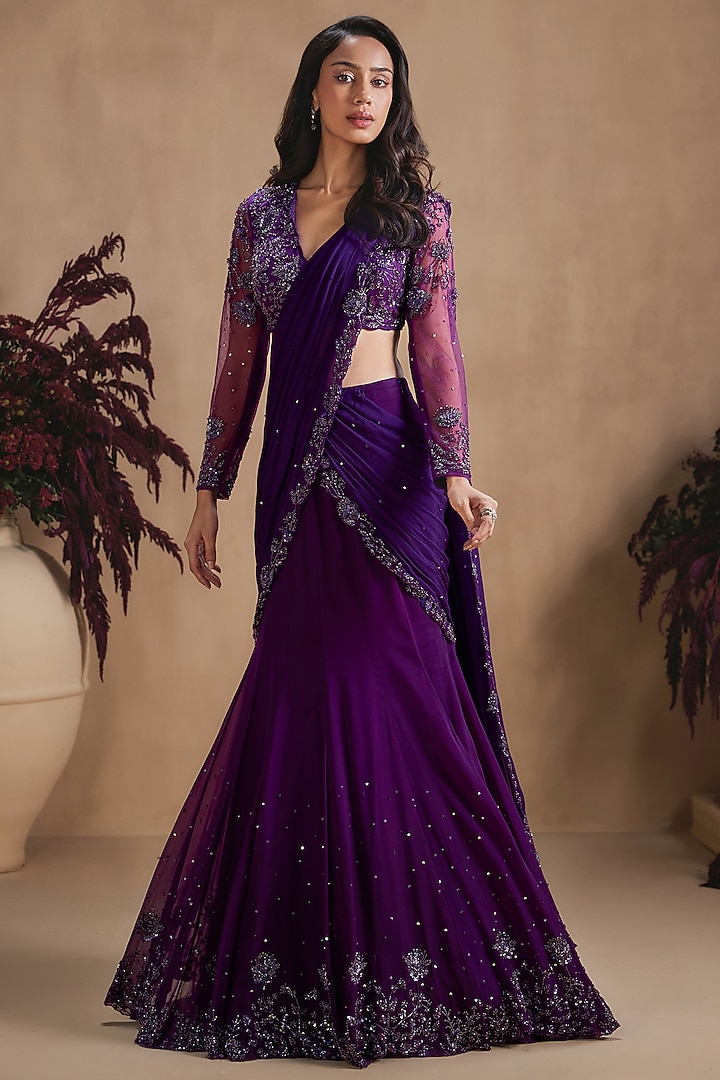 Midnight Purple Organza Sequin Embellished Reception Lehenga Saree Set by NIAMH by Kriti at Pernia's Pop Up Shop