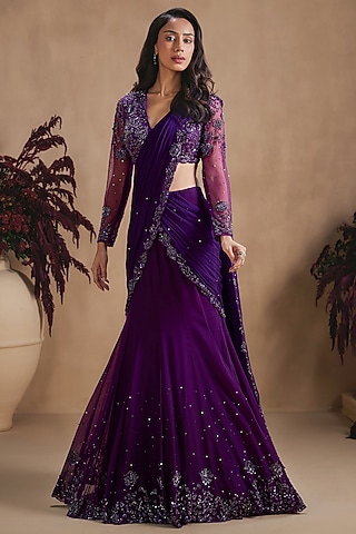 Midnight Purple Organza Sequin Embellished Lehenga Saree Set by NIAMH by Kriti