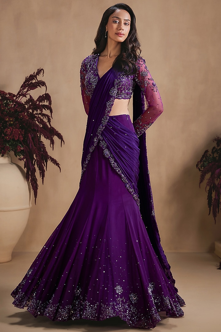 Midnight Purple Organza Sequin Embellished Reception Lehenga Saree Set by NIAMH by Kriti at Pernia's Pop Up Shop