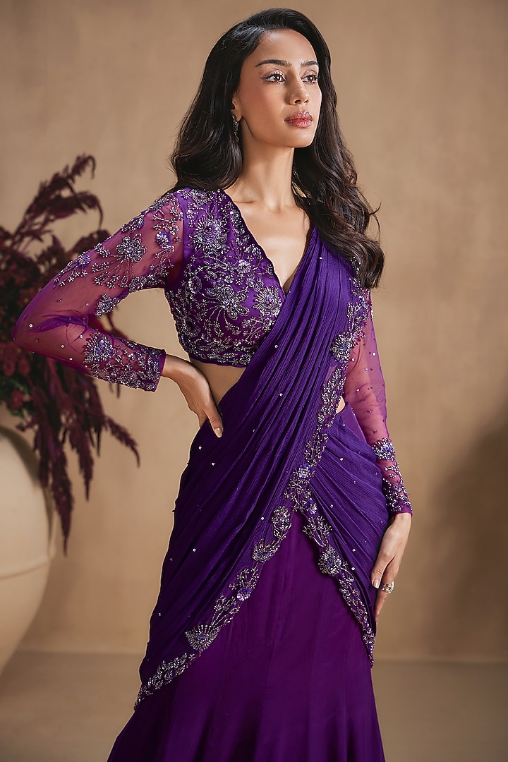 Midnight Purple Organza Sequin Embellished Reception Lehenga Saree Set by NIAMH by Kriti at Pernia's Pop Up Shop