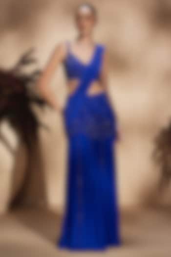 Cobalt Blue Georgette Sequin Embellished Draped Reception Saree Set by NIAMH by Kriti at Pernia's Pop Up Shop