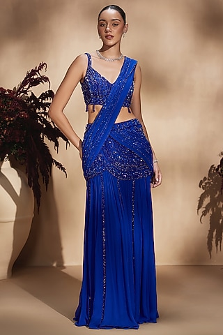 Cobalt Blue Georgette Sequin Embellished Draped Saree Set by NIAMH by Kriti