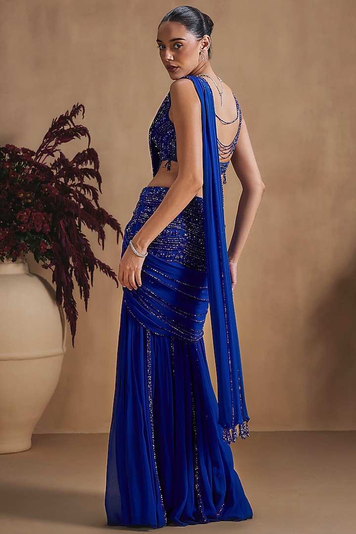 Cobalt Blue Georgette Sequin Embellished Draped Reception Saree Set by NIAMH by Kriti at Pernia's Pop Up Shop