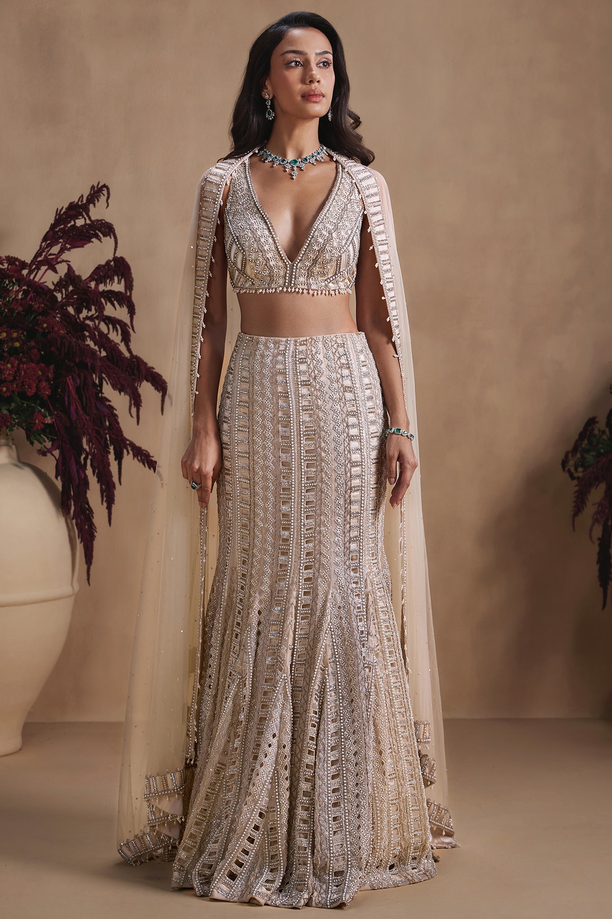 NIAMH by Kriti Nude Organza Sequin Embroidered Fish-Cut Lehenga Set