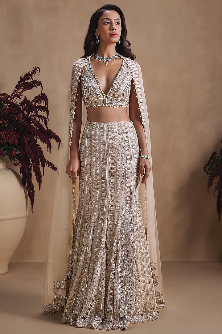 Nude Organza Sequin Embroidered Fish-Cut Bridal Lehenga Set by NIAMH by Kriti at Pernia's Pop Up Shop