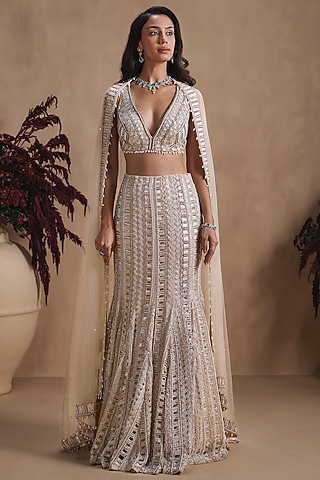 Nude Organza Sequin Embroidered Fish-Cut Lehenga Set by NIAMH by Kriti