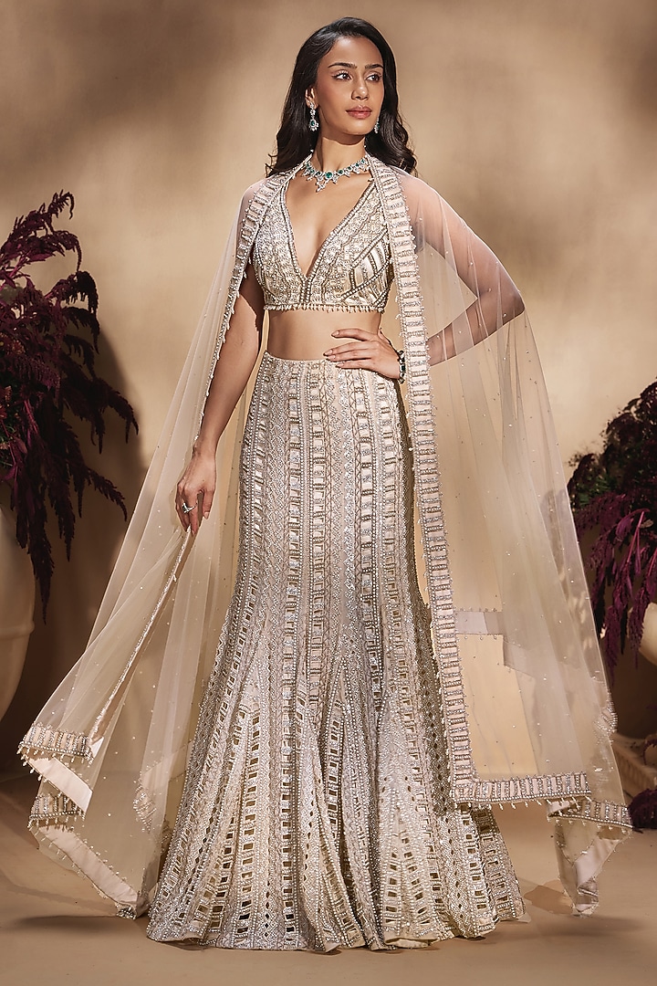 Nude Organza Sequin Embroidered Fish-Cut Bridal Lehenga Set by NIAMH by Kriti at Pernia's Pop Up Shop