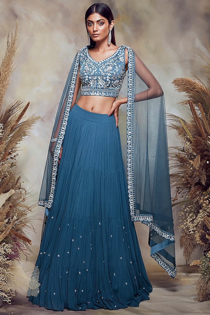 Prussian Blue Embroidered Tiered Wedding Lehenga Set by NIAMH by Kriti at Pernia's Pop Up Shop