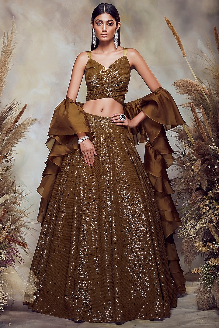 Olive Green Cocktail Lehenga Set by NIAMH by Kriti