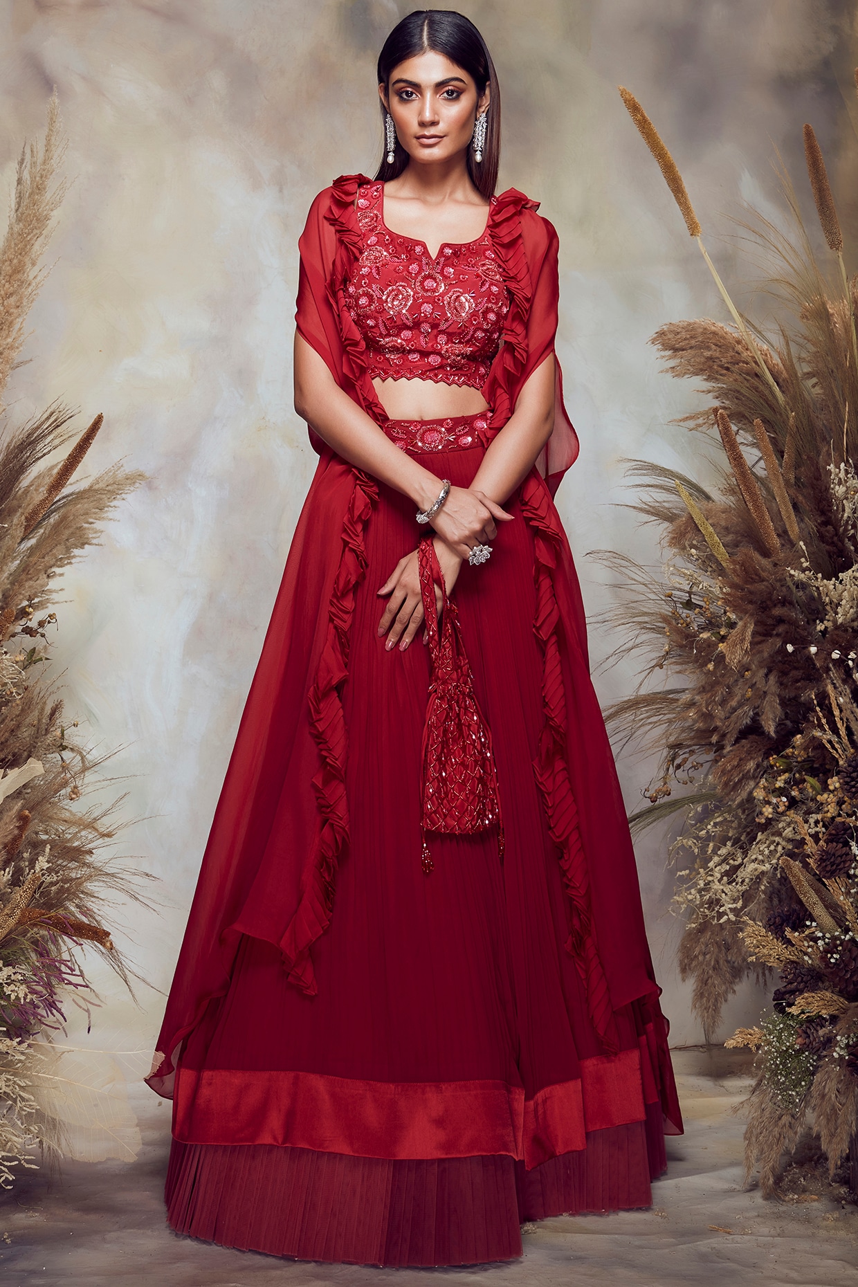 Red embroidered skirt set top