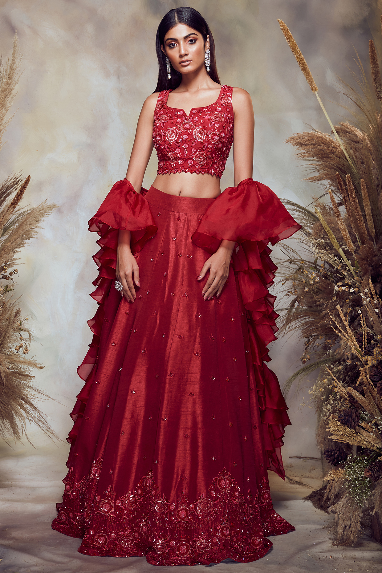 Scarlet Red Embroidered Scalloped Wedding Lehenga Set by NIAMH by Kriti at Pernia's Pop Up Shop