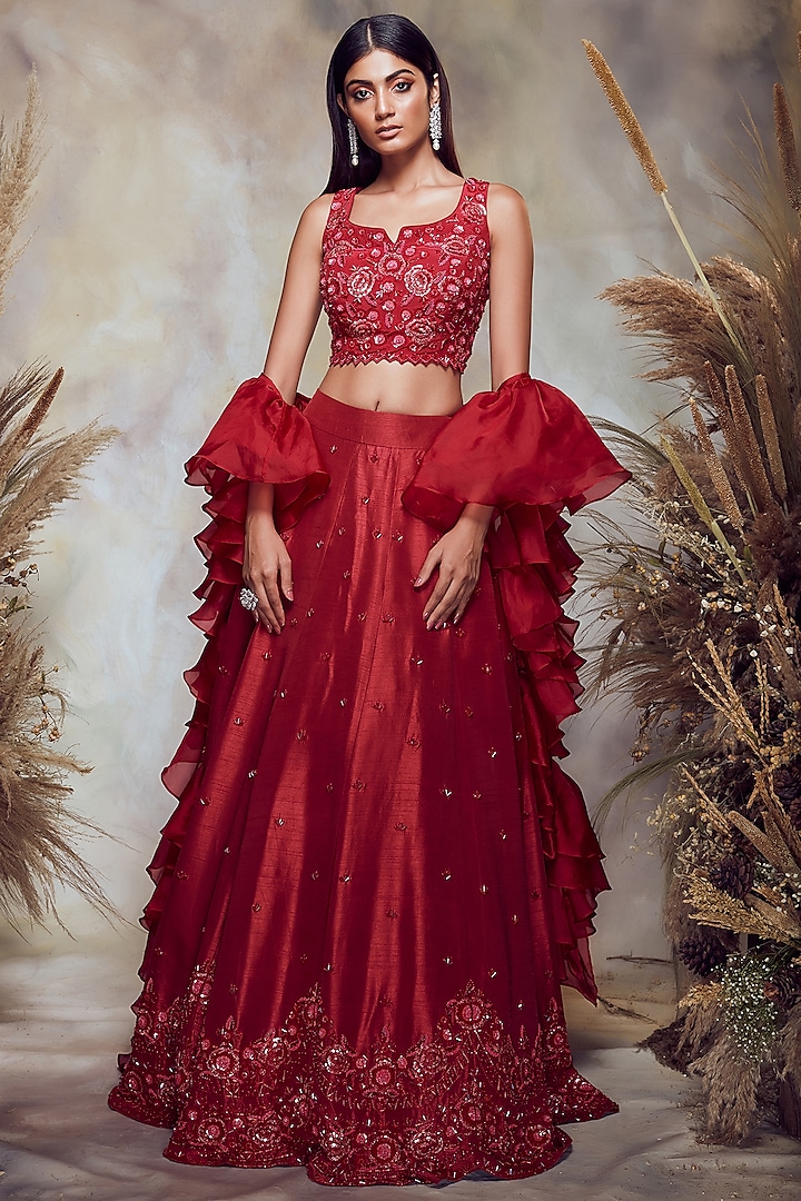 Scarlet Red Embroidered Scalloped Lehenga Set by NIAMH by Kriti