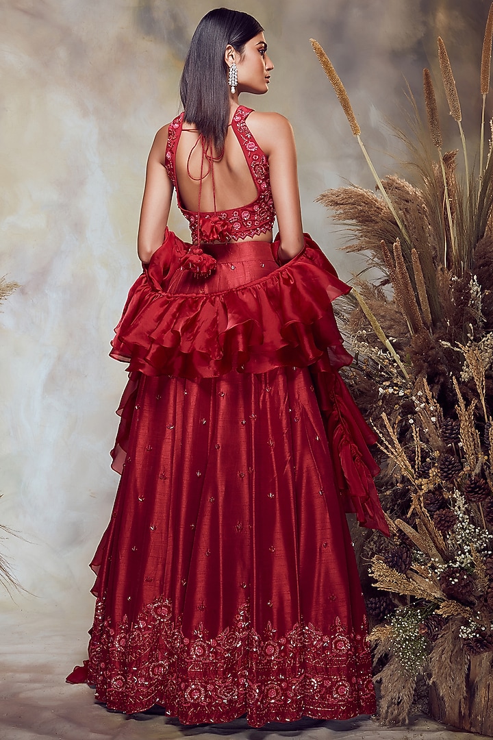 Scarlet Red Embroidered Scalloped Wedding Lehenga Set by NIAMH by Kriti at Pernia's Pop Up Shop