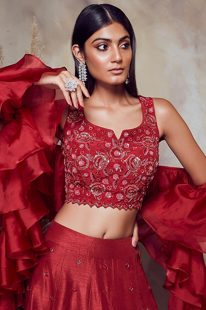 Scarlet Red Embroidered Scalloped Wedding Lehenga Set by NIAMH by Kriti at Pernia's Pop Up Shop