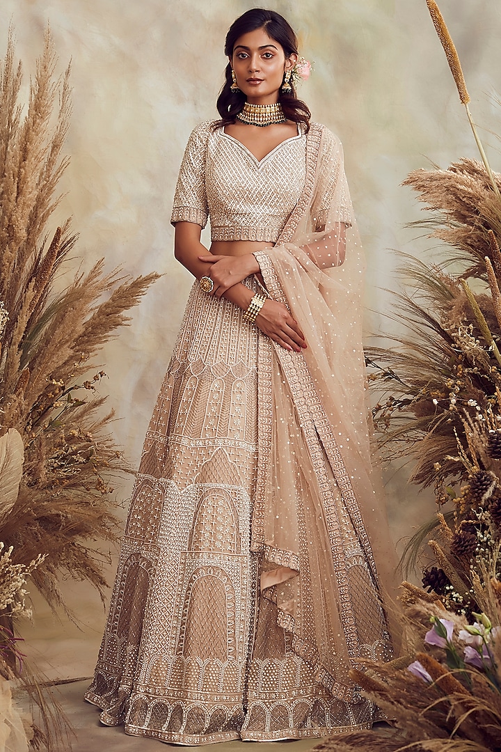 Champagne Gold Hand Embroidered Lehenga Set by NIAMH by Kriti