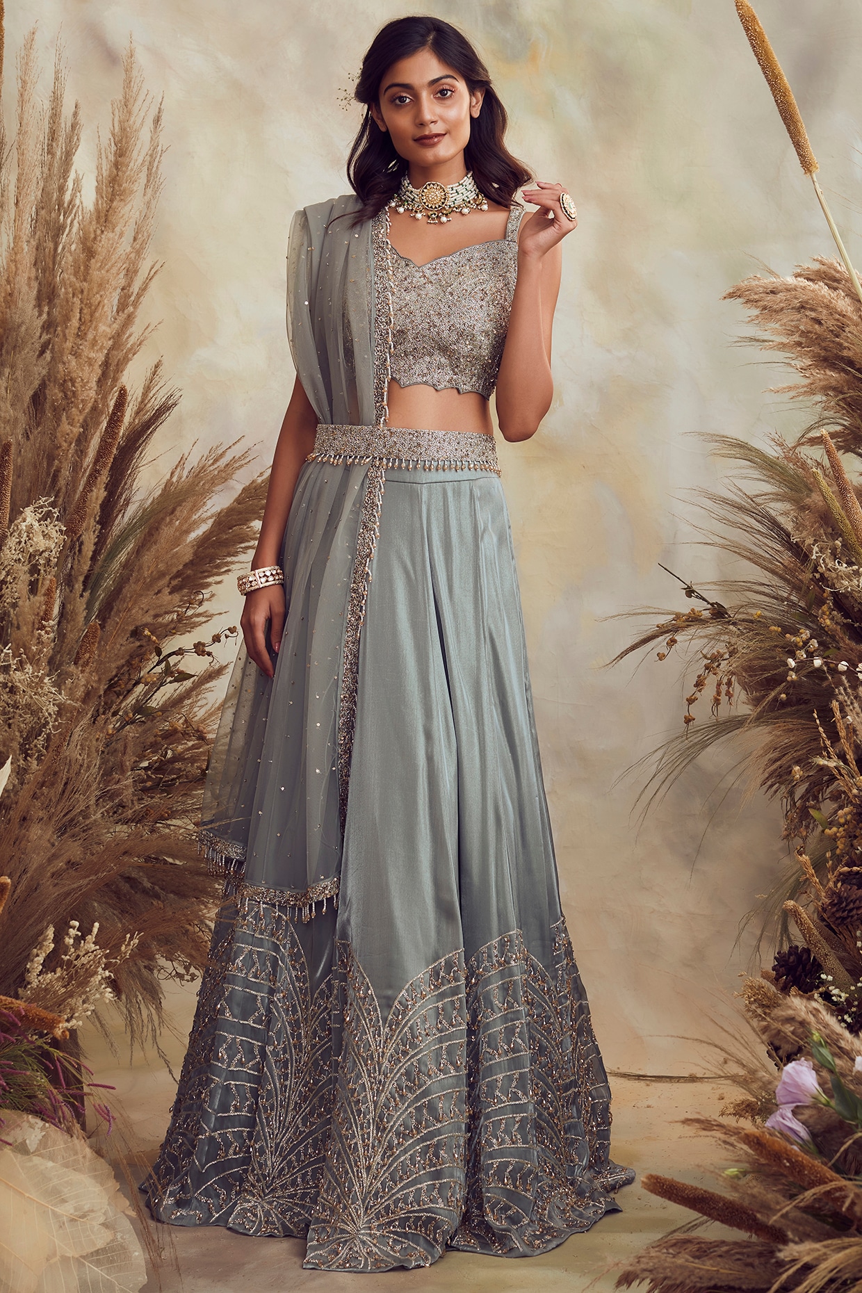 Smoke Green Embroidered Cocktail Lehenga Set Design by NIAMH by