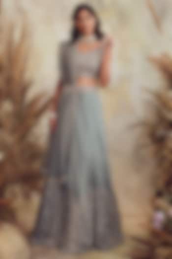 Smoke Green Organza Sequin Embroidered Wedding Lehenga Set by NIAMH by Kriti at Pernia's Pop Up Shop