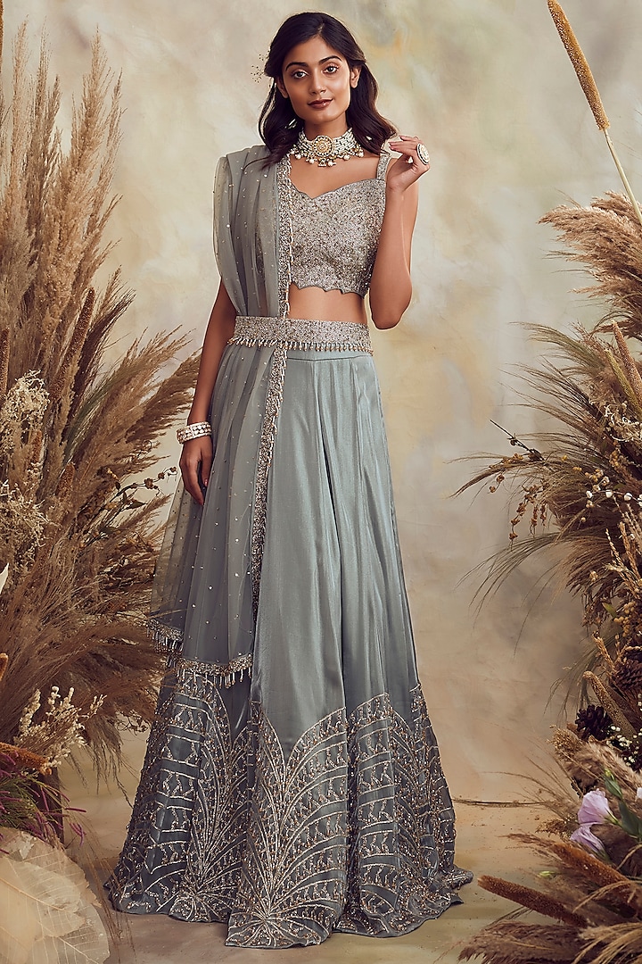 Smoke Green Embroidered Cocktail Lehenga Set by NIAMH by Kriti