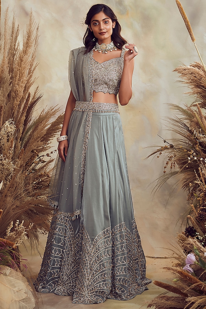 Smoke Green Organza Sequin Embroidered Wedding Lehenga Set by NIAMH by Kriti at Pernia's Pop Up Shop