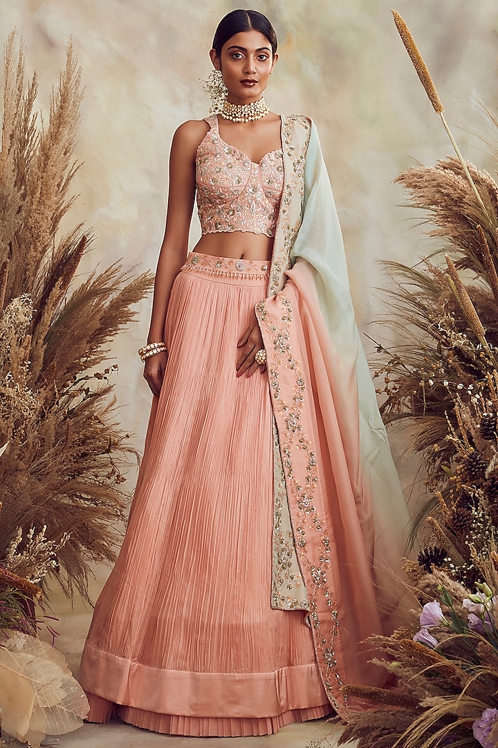 Peach Sequins Hand Embroidered Lehenga Set by NIAMH by Kriti
