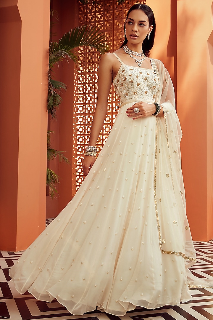 Ivory Gold Embroidered Anarkali Set by NIAMH by Kriti
