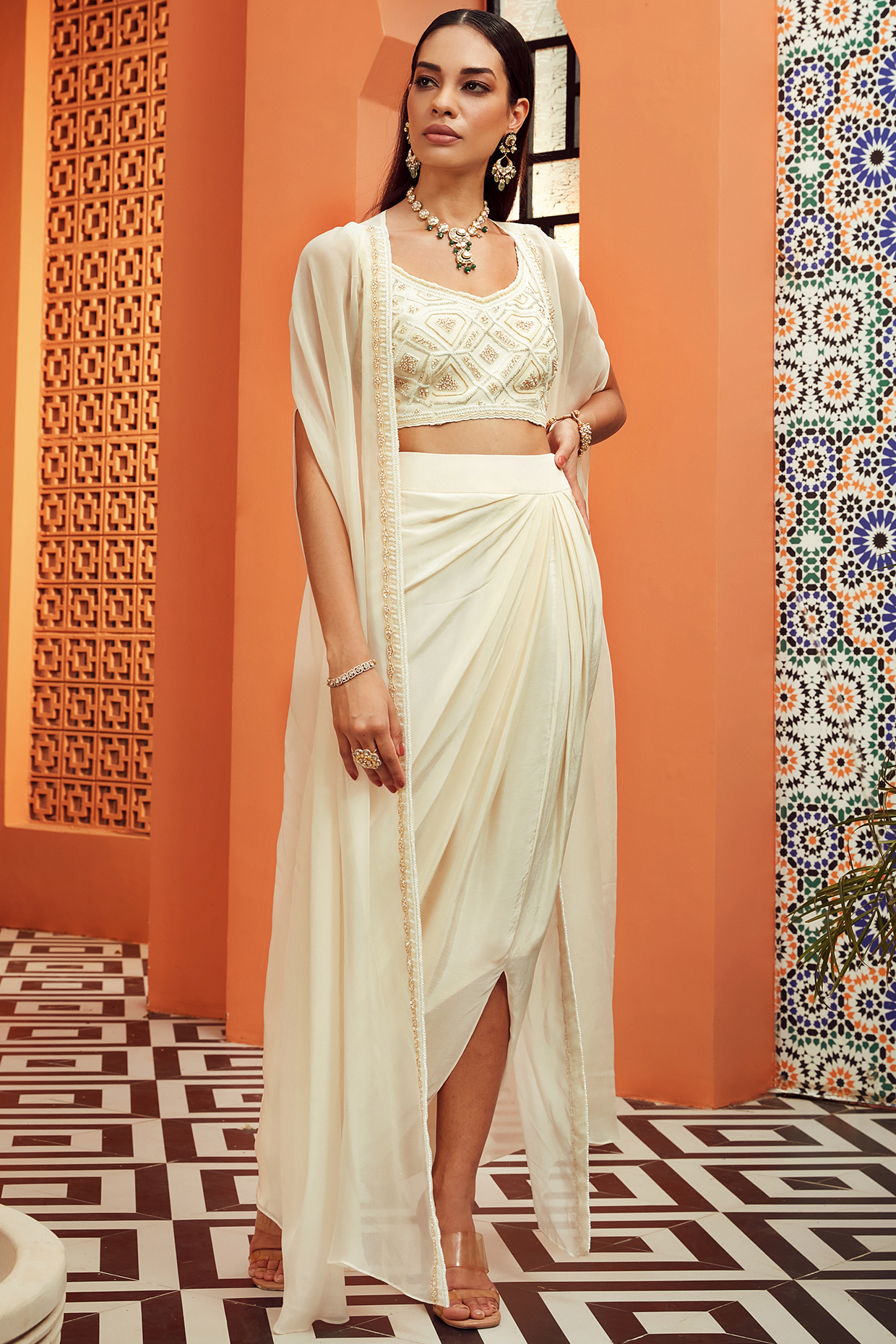 Ivory Gold Organza Draped Skirt Set by NIAMH by Kriti