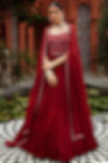 Red Hand Embroidered Anarkali Set by NIAMH by Kriti