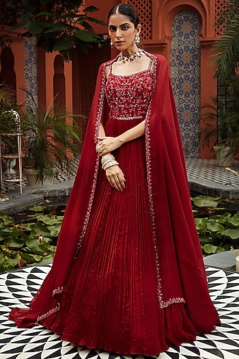Red Hand Embroidered Wedding Anarkali Set by NIAMH by Kriti at Pernia's Pop Up Shop