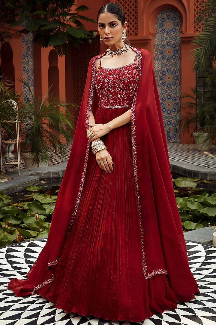 Red Hand Embroidered Anarkali Set by NIAMH by Kriti