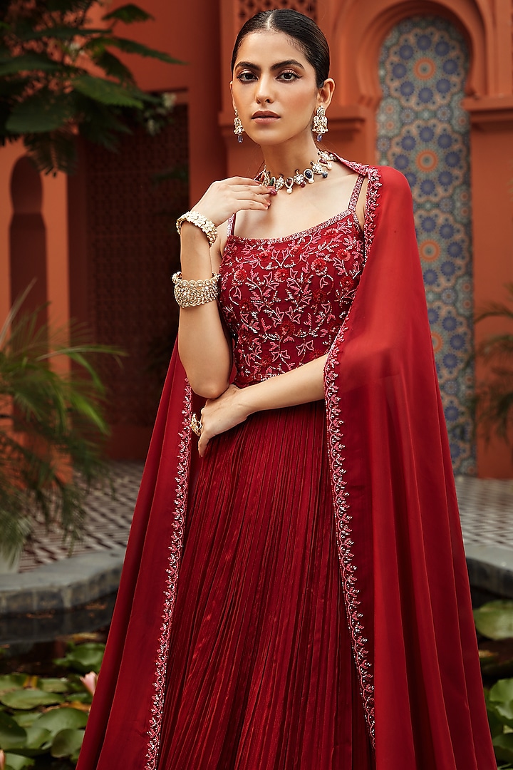 Red Hand Embroidered Wedding Anarkali Set by NIAMH by Kriti at Pernia's Pop Up Shop