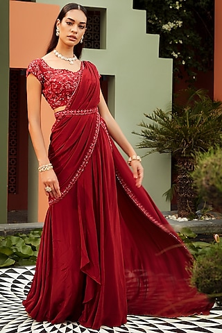 Red Silk Crepe Pre Draped Saree Set by NIAMH by Kriti