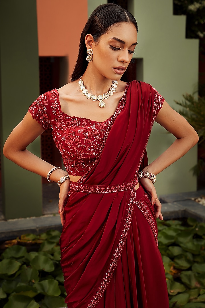 Red Silk Crepe Pre Draped Wedding Saree Set by NIAMH by Kriti at Pernia's Pop Up Shop
