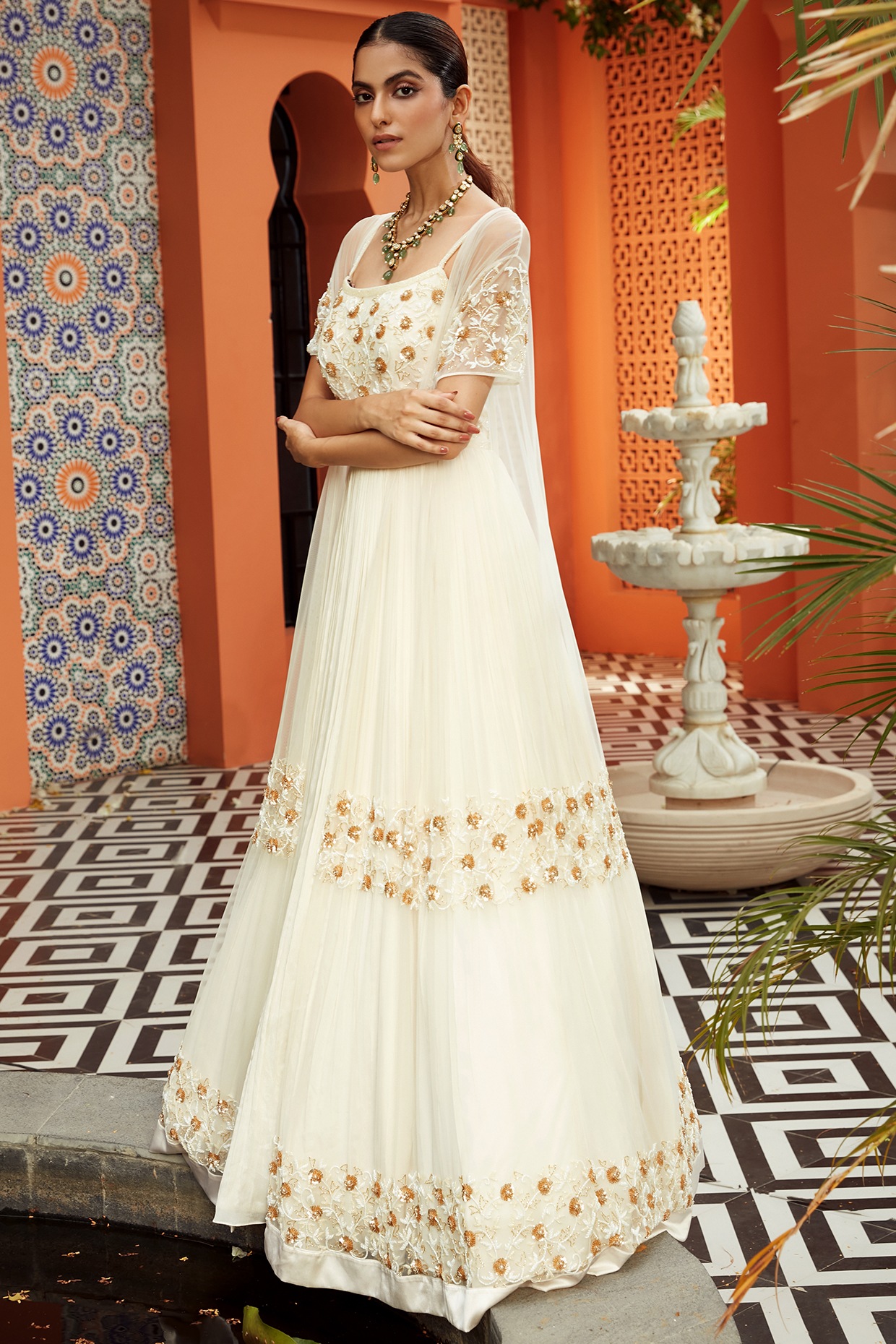 Ivory Gold Hand Embroidered Anarkali With Cape Design by NIAMH by