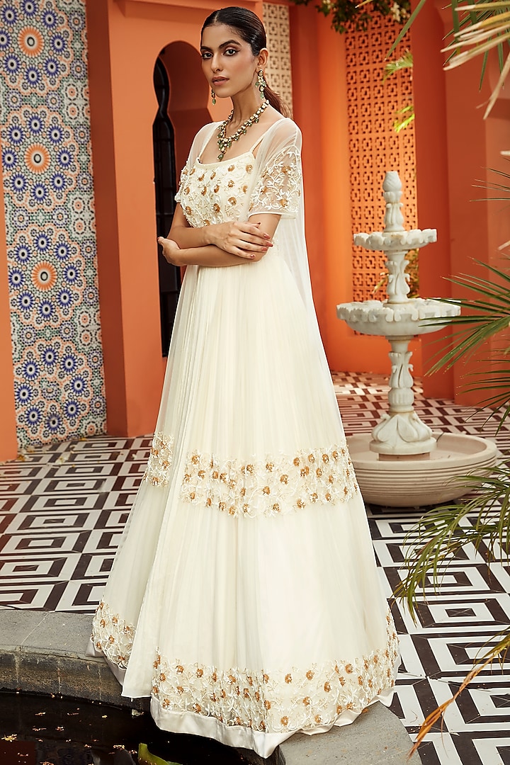 Ivory Gold Hand Embroidered Anarkali With Cape by NIAMH by Kriti